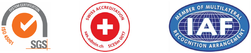 ISO 9001 and ISO 45001 SGS system certification, Swiss Accreditation and IAF logos